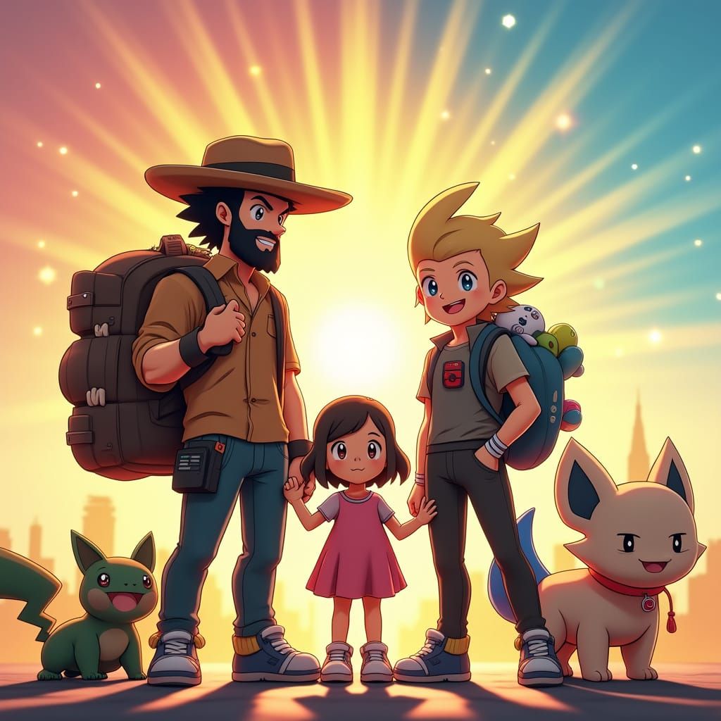 Proud Family of Pokémon Trainers Unite in Vibrant Sunset Gra...