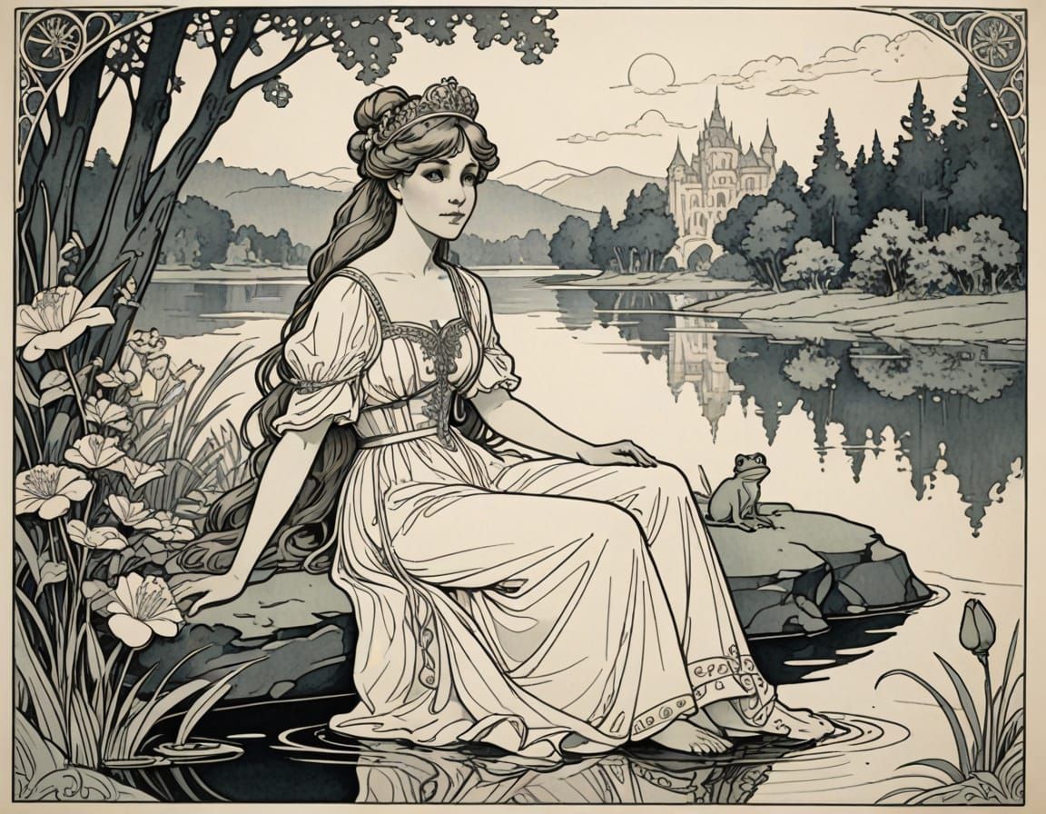 Ethereal Princess and Frog Prince in Art Nouveau Ink Drawing