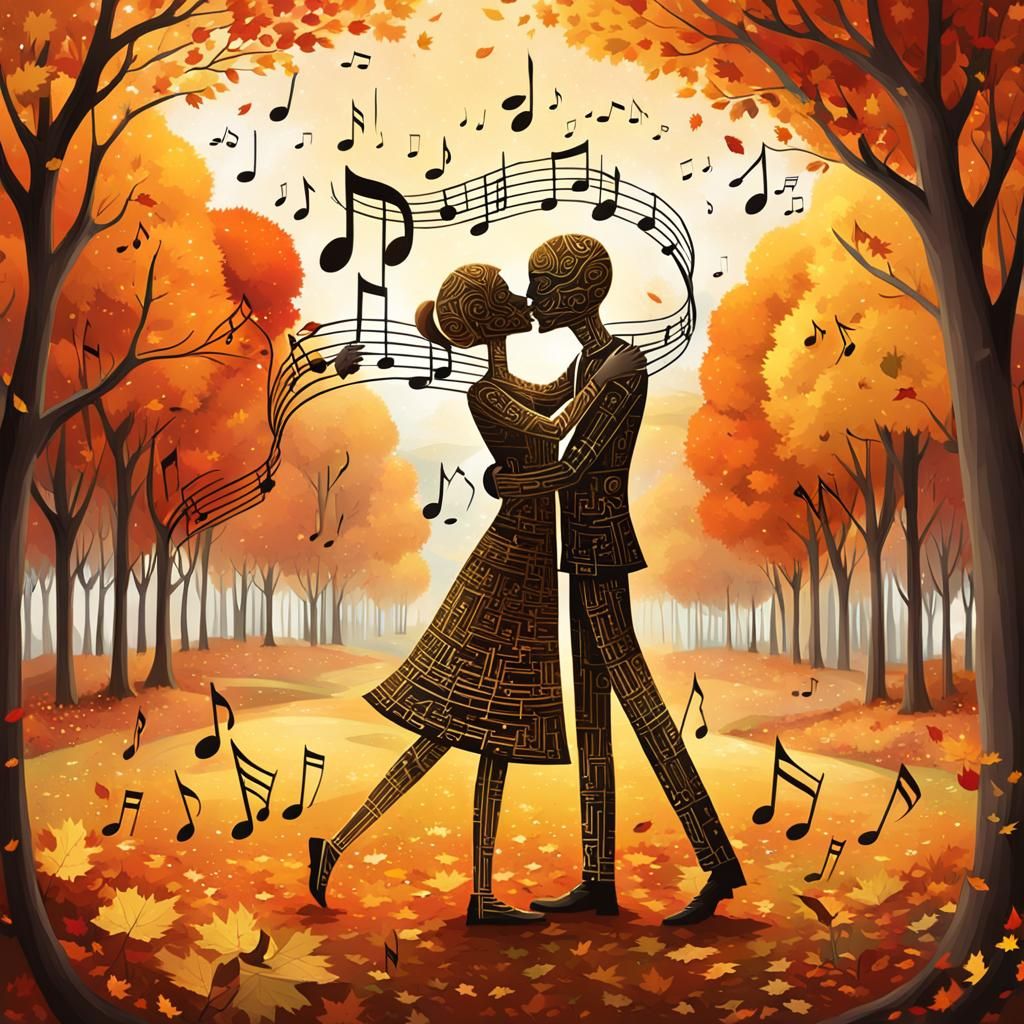 Musical Notes Kiss in Autumn Landscape