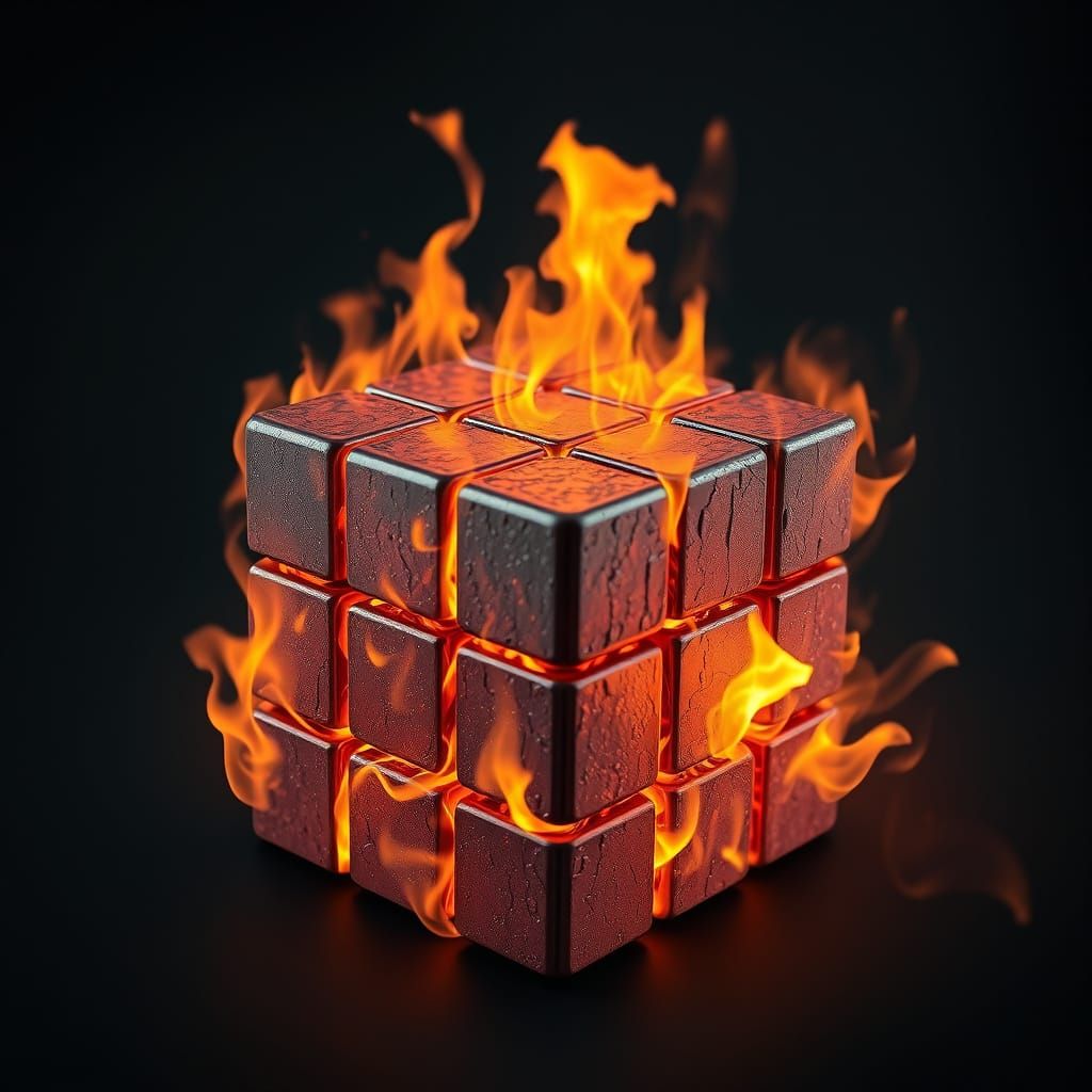 Burning Hyper Realistic Rubik's Cube in Fiery Digital Art