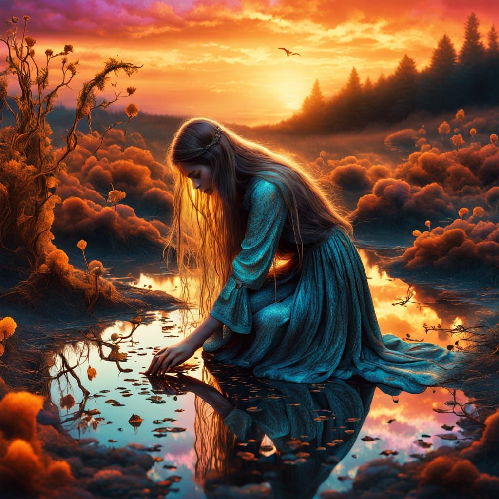 Surreal Sunset Goddess Amidst Iridescent Whispers