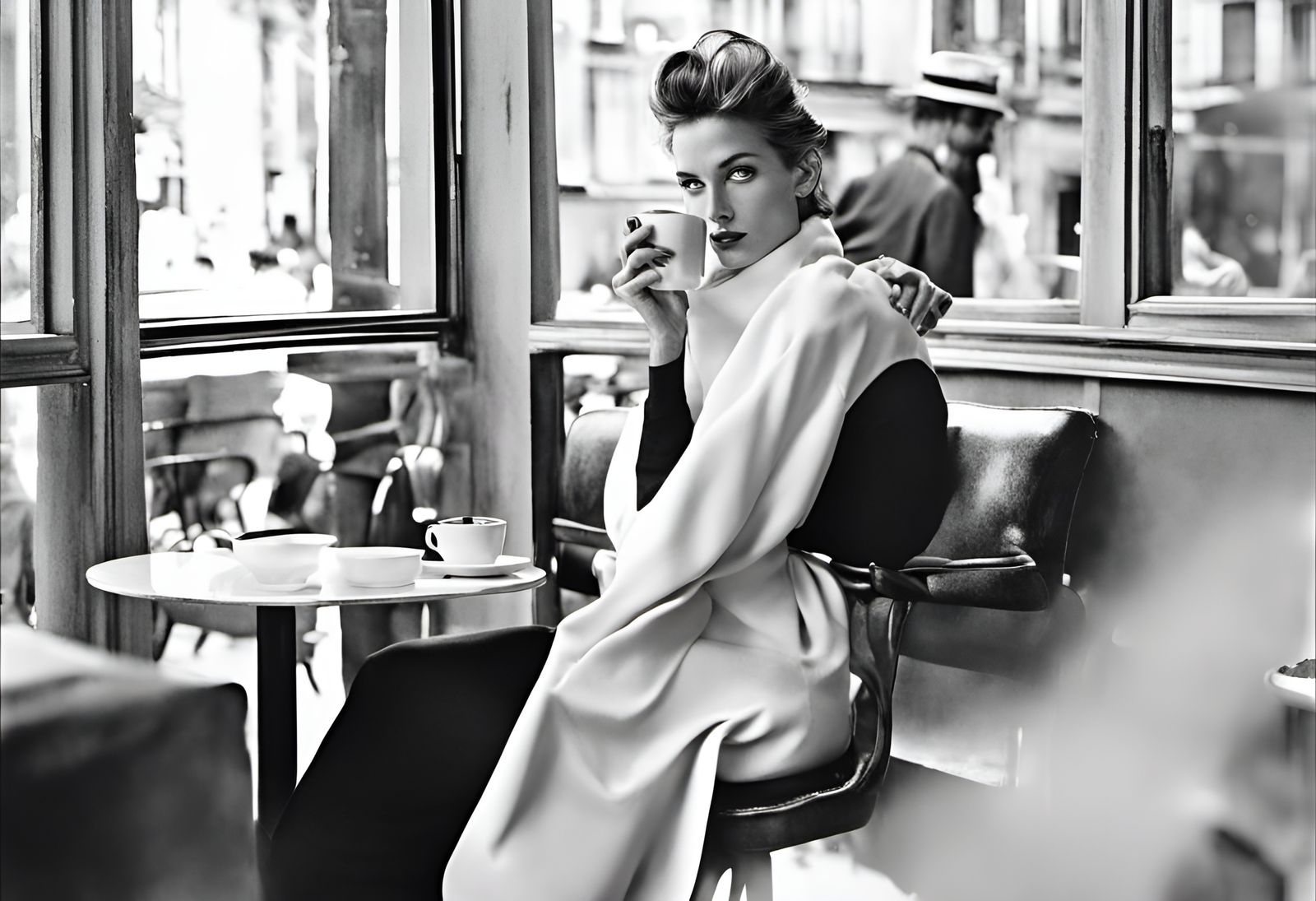 Woman Enjoying Coffee in French Cafe