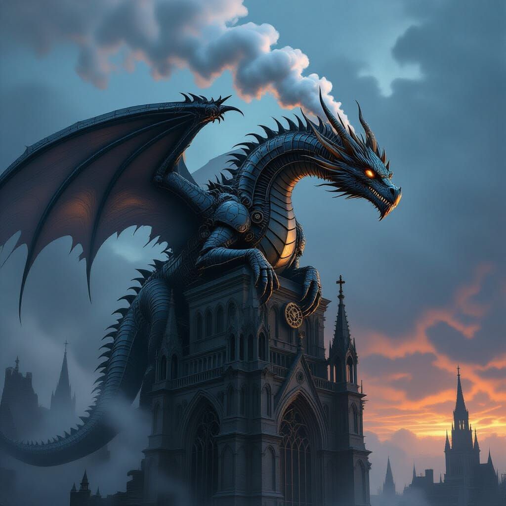 Ancient Biomechanical Dragon on Gothic Spire