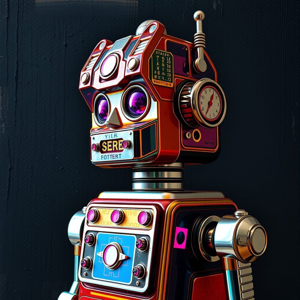 Vintage Robot in Neon-Lit Holographic Mosaic