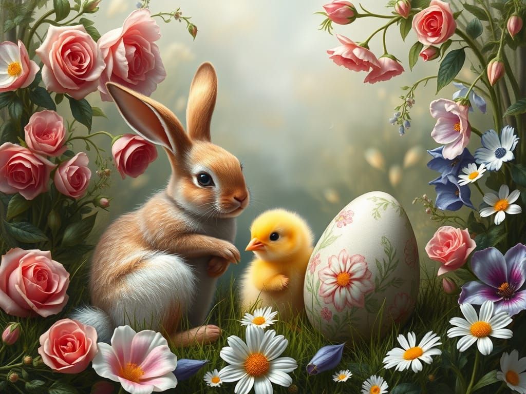 Bunnies and Chick Play in Lush Meadow, Renaissance Style