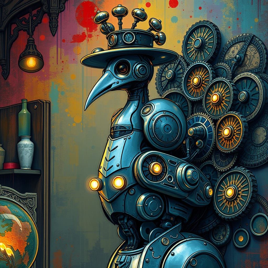 Surreal Robot Peacock in Opulent Victorian-Style Art