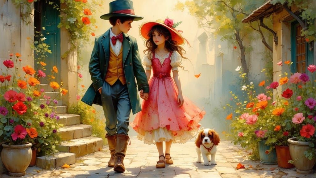 Children with Puppy in Pre-Raphaelite Style