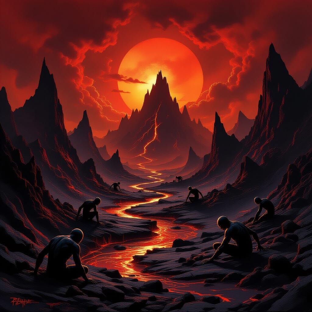 Hellish Landscape with Demonic Figures in Dark Fantasy Style