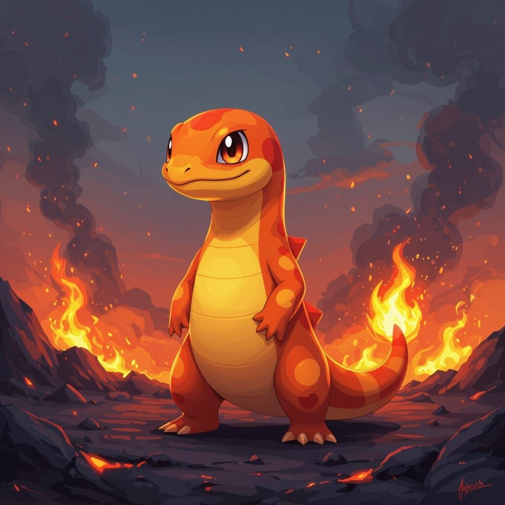 Charmander in Volcanic Landscape, Painterly Style