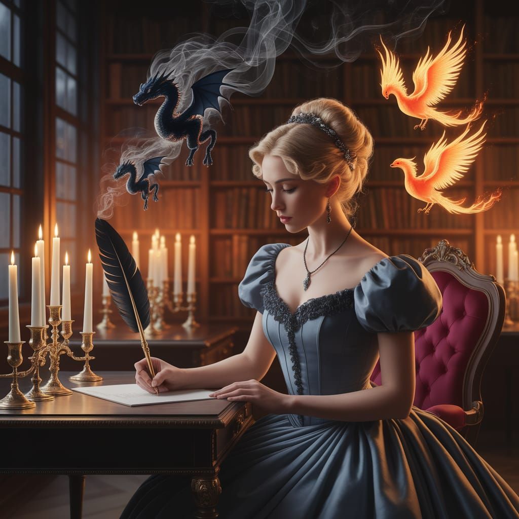 Elegant Victorian Writer Enchanted by Whimsical Creatures