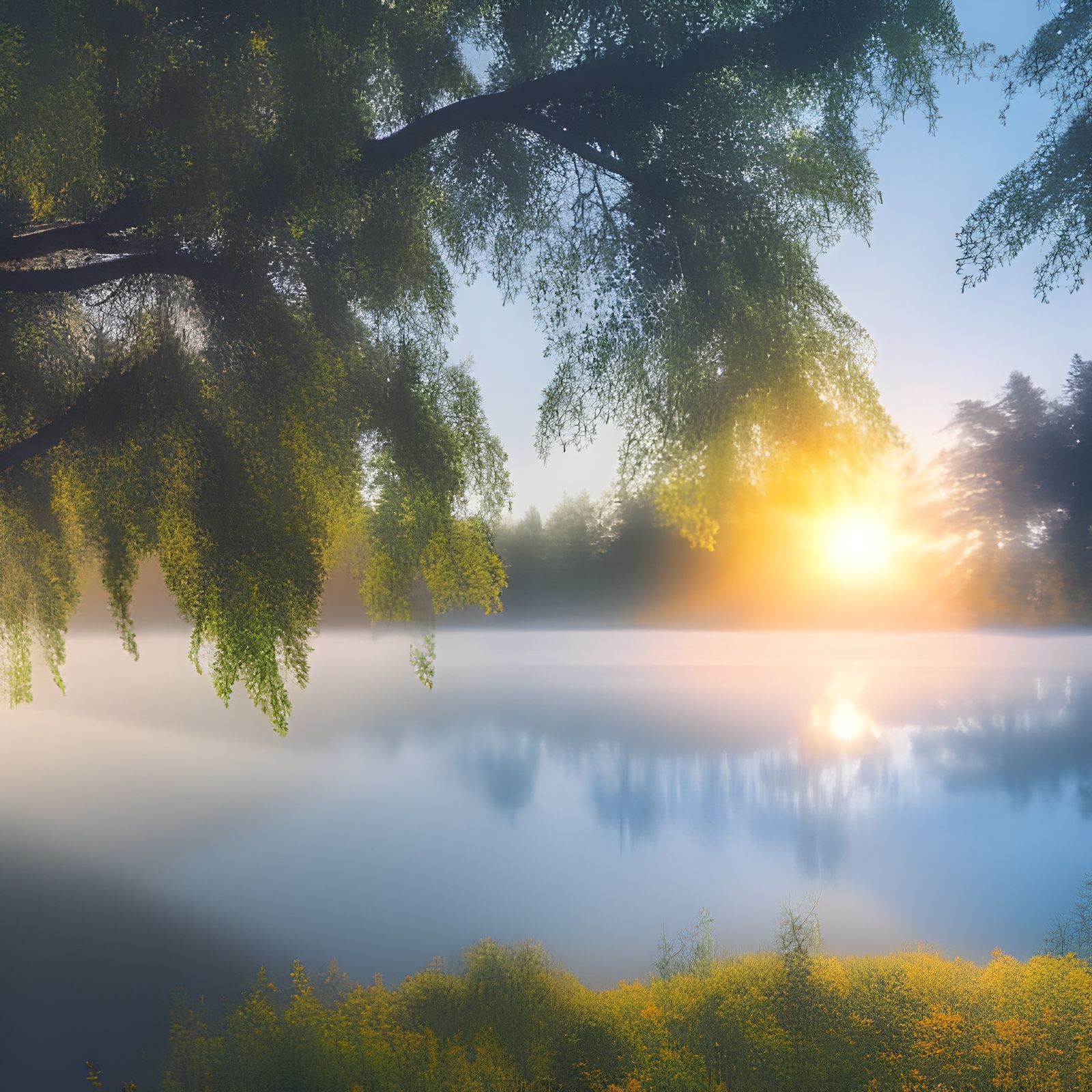 Sunrise Over Misty Lake in Forest, 3D Render