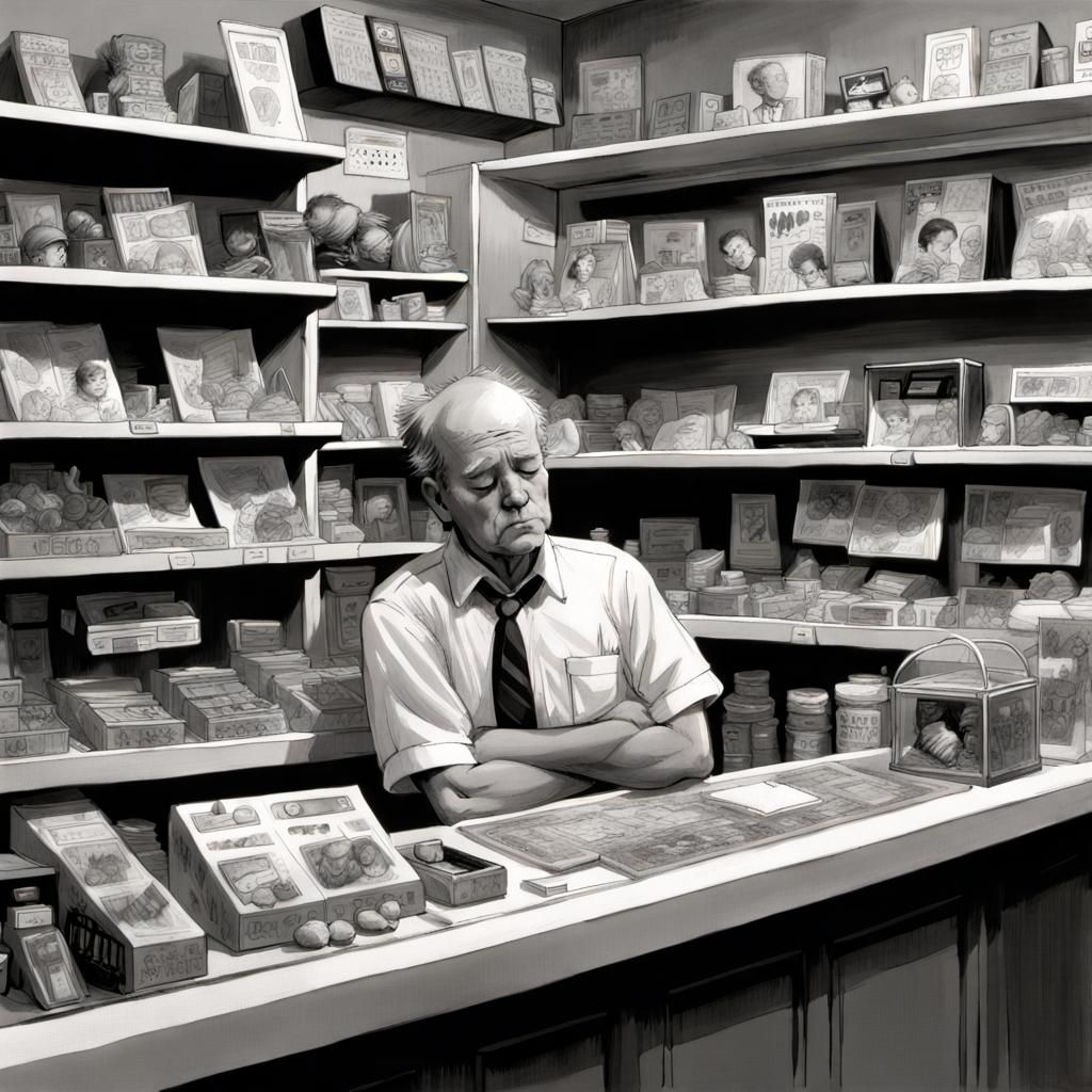 Clerk Asleep in Empty Toy Store Comic