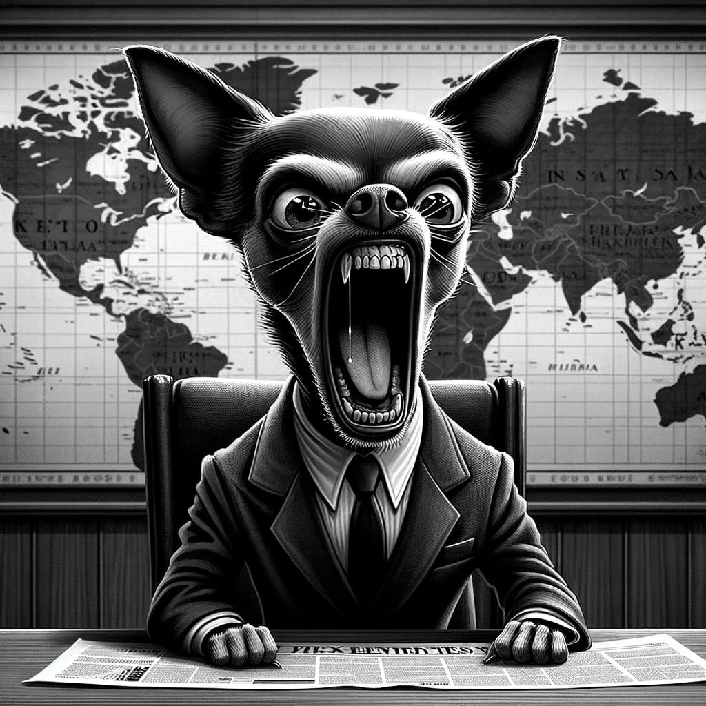 Macabre Chihuahua Journalist in Distorted Caricature Style
