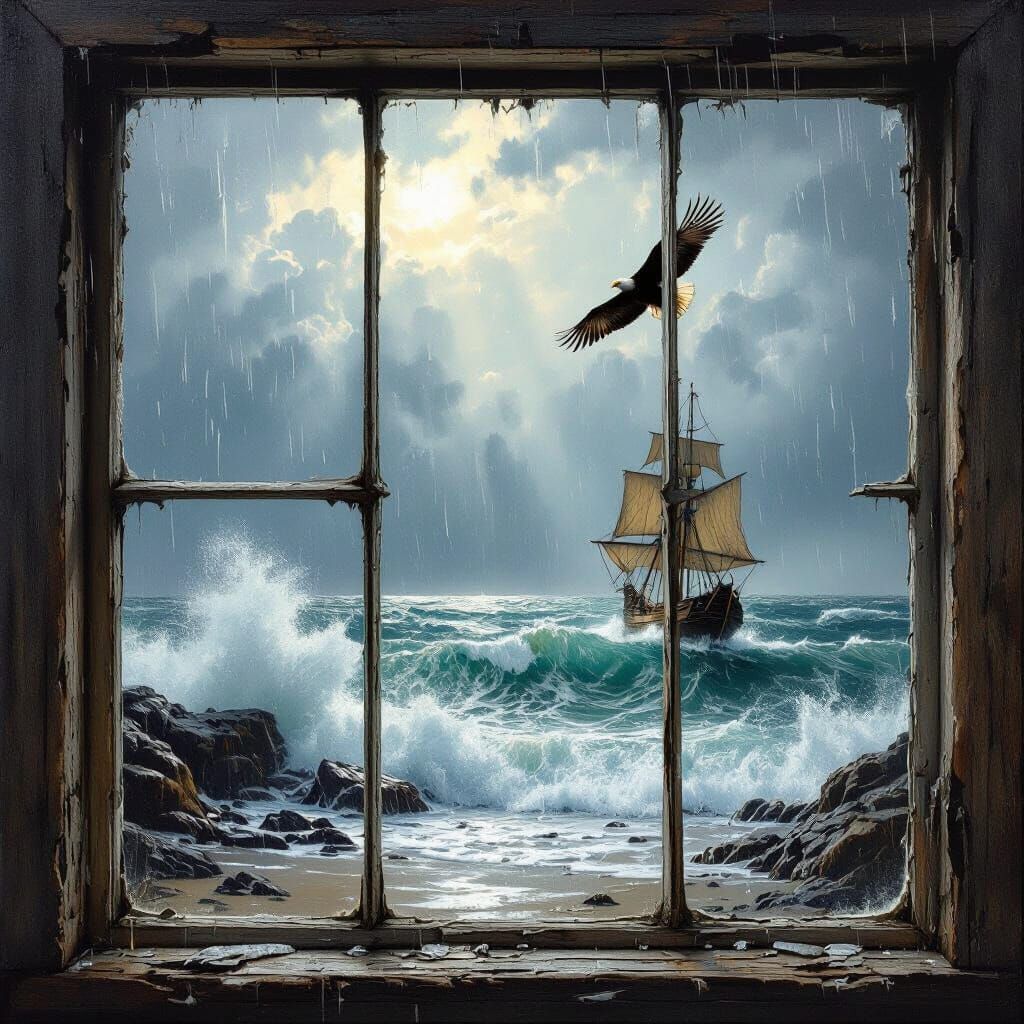 Stormy Seascape with Eagle and Sailing Ship