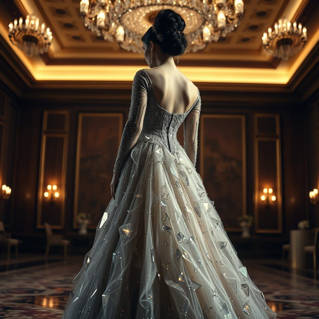 Elegant Woman in Crystal Ballgown Illuminated by Soft, Cinem...