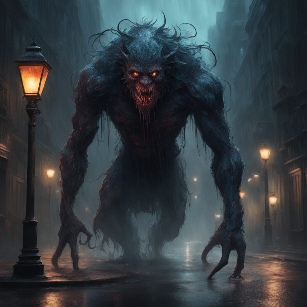 Ethereal Beast Emerges from Dark, Rain-Soaked Night