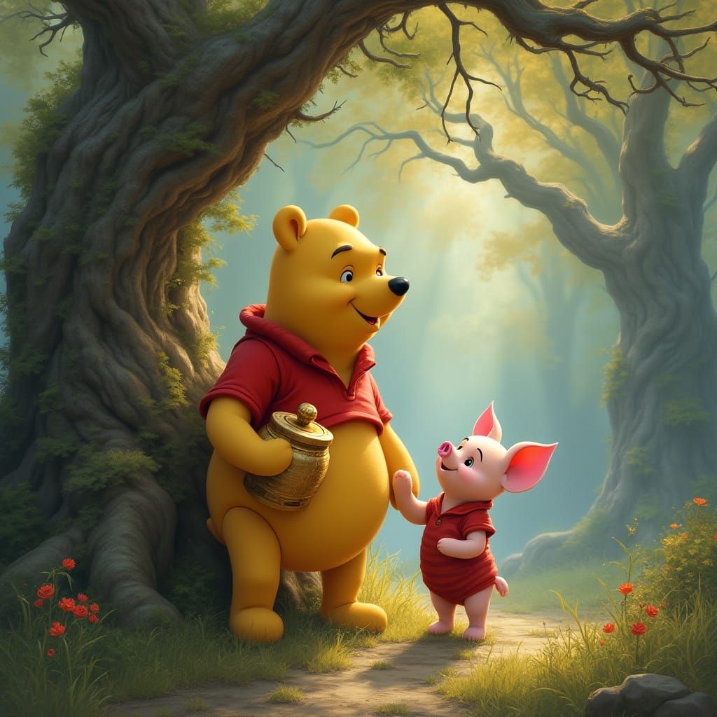 Pooh Bear and Piglet in a Whimsical Forest Setting