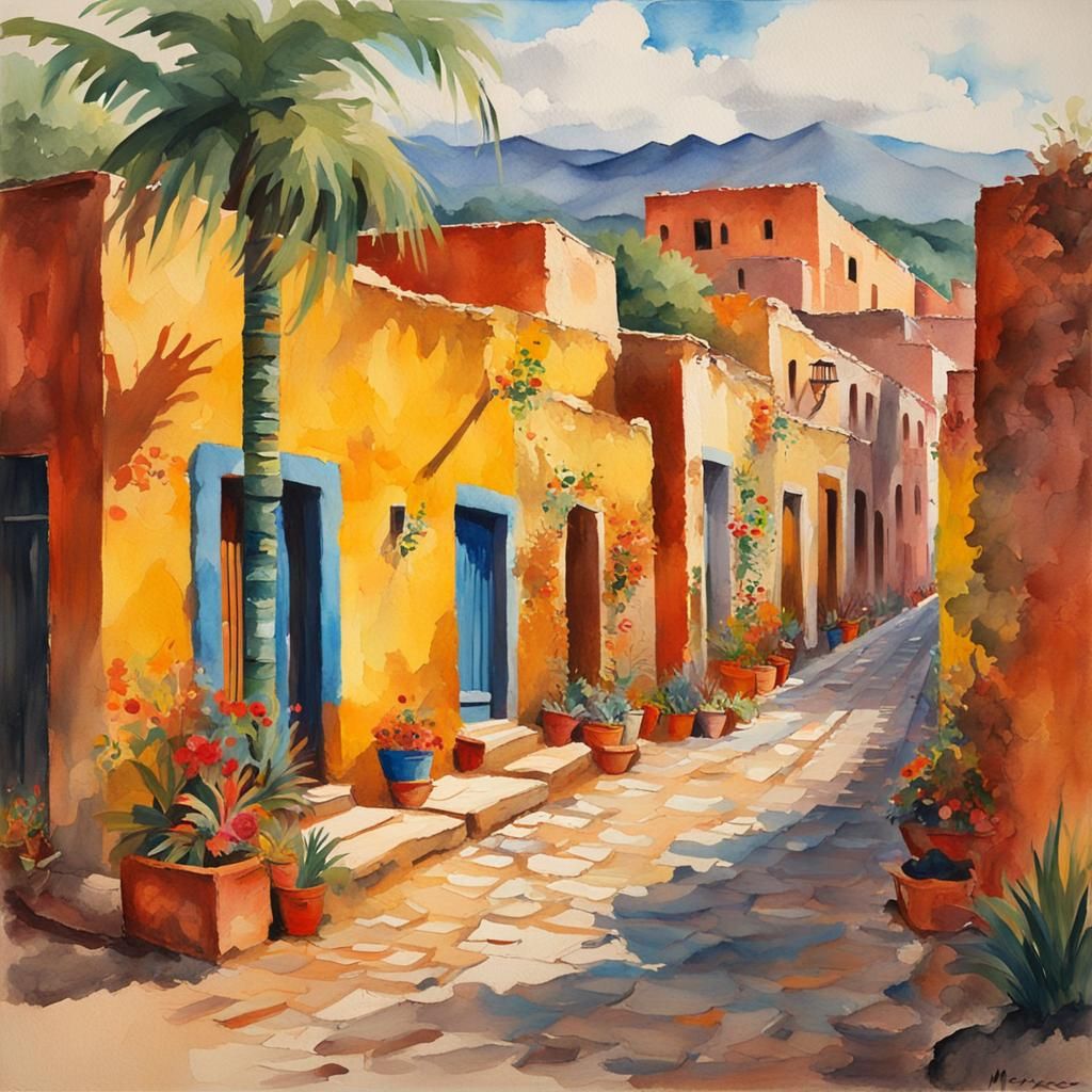 Mexican Landscape in Gouache and Watercolor Style