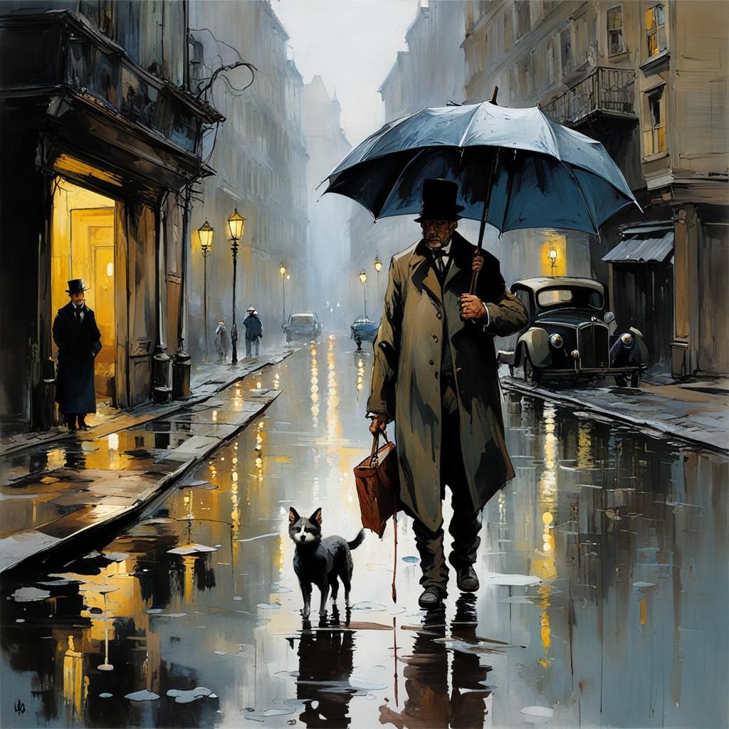 Post-Apocalyptic Rainy Street Scene with Umbrella