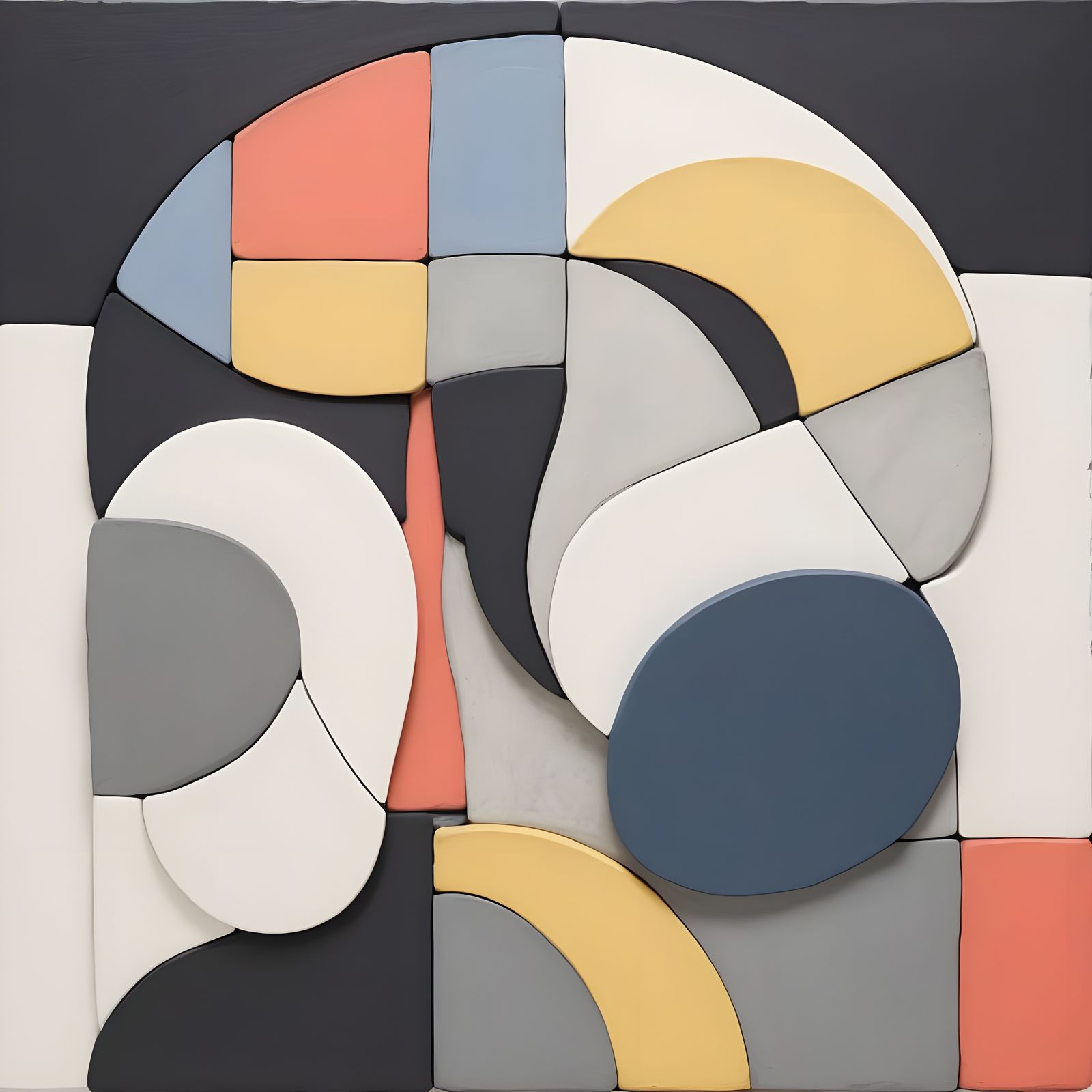 Abstract Sculpture in Black, White, Coral, and Slate Blue