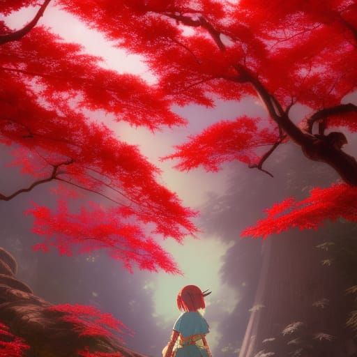 Fairytale Maple Tree in Ghibli Style, Vivid Tones