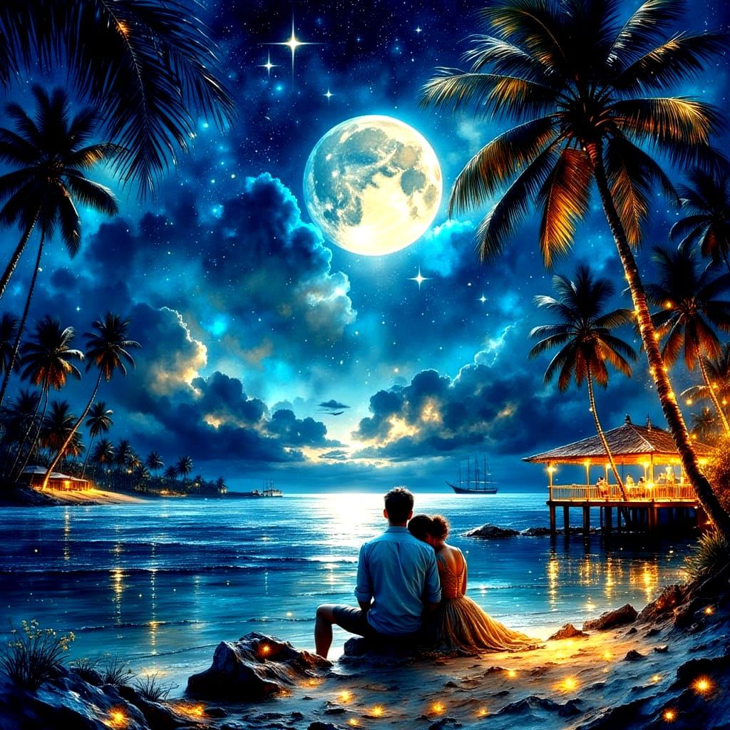 Romantic Moonlit Beach Scene in Ink Style