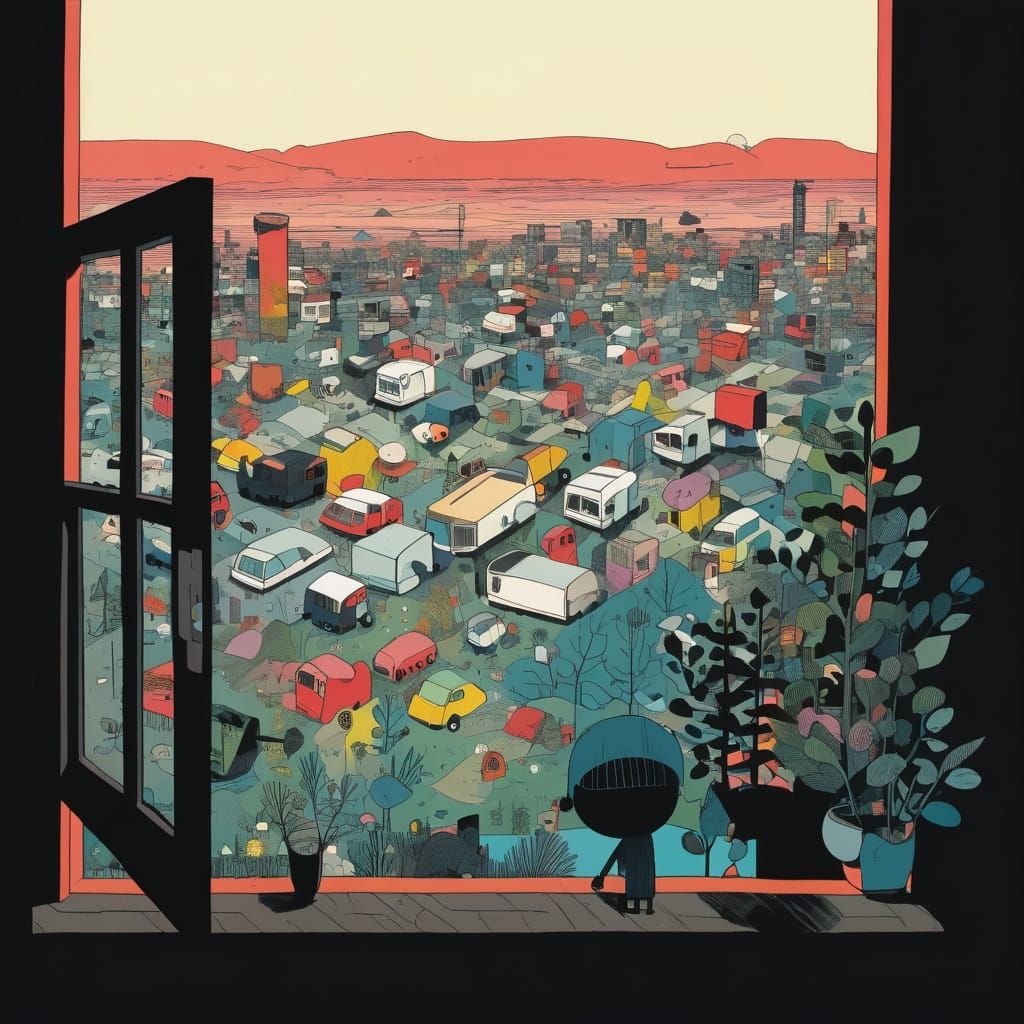 Retro-Futuristic Cityscape as Seen Through a Window