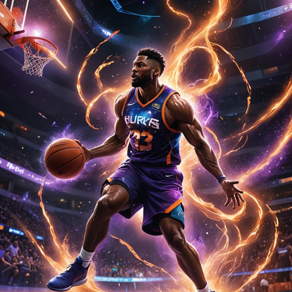 Galaxy Basketball Player Slams Dunk in Fantasy Art