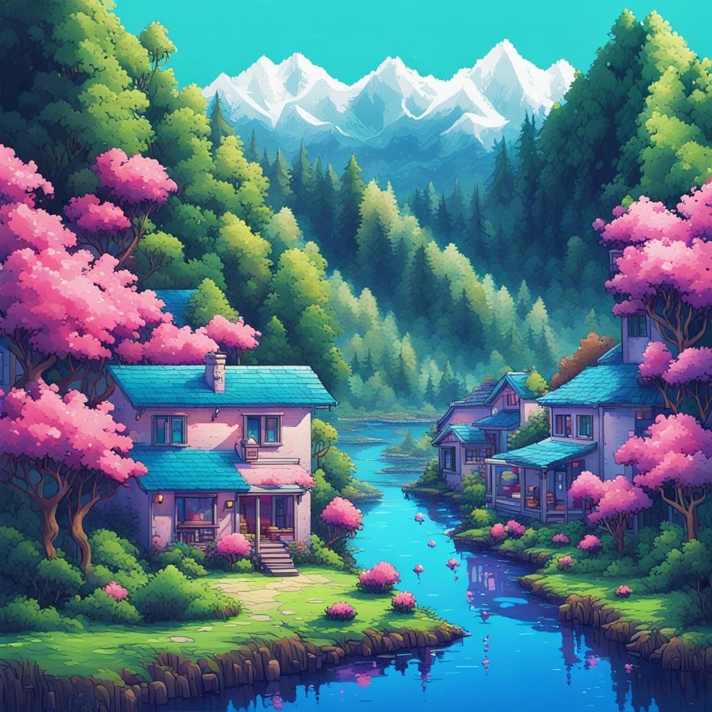 8-Bit Lagoon Landscape with Colorful Cubic Houses