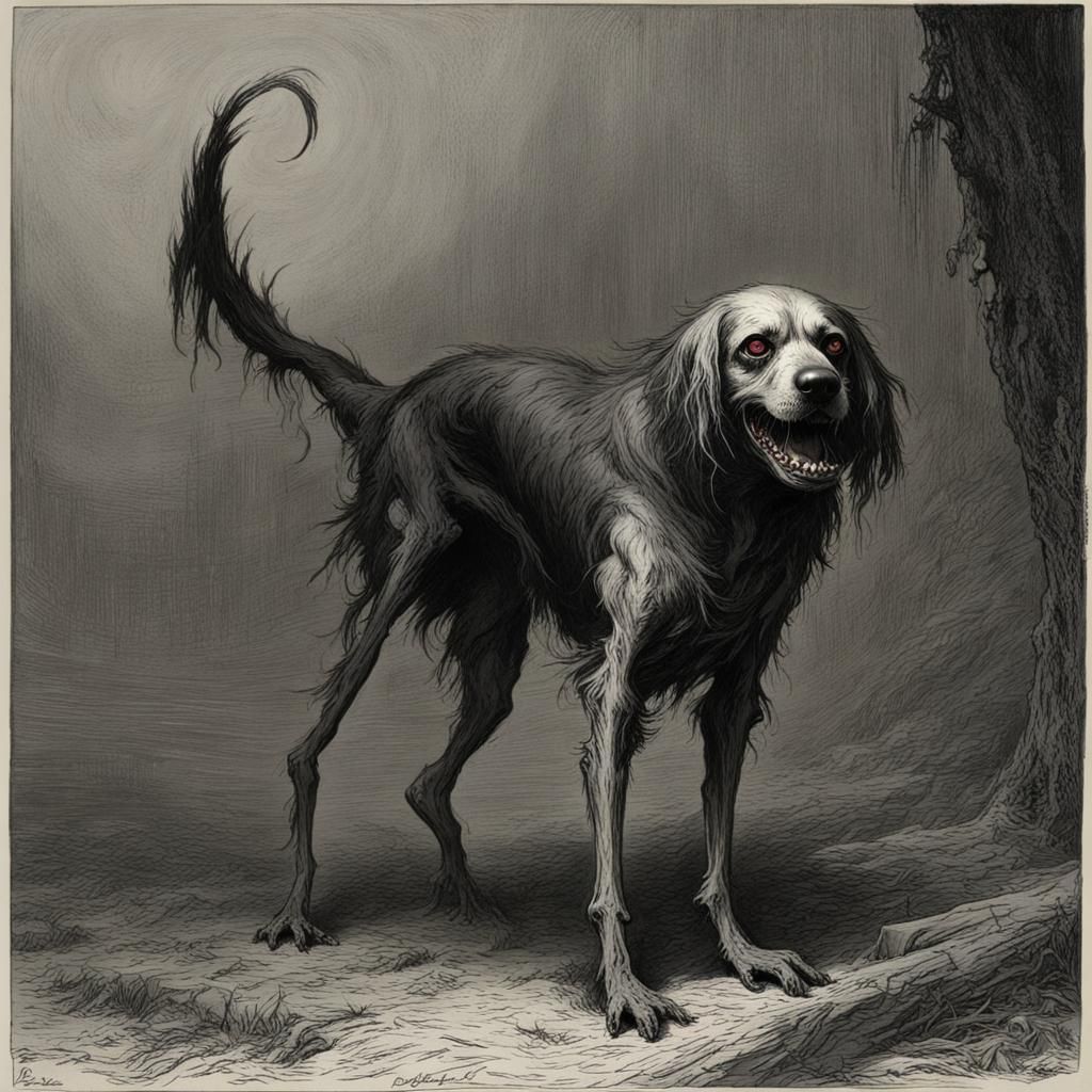 Creepy Horror Dog in Engraving Style