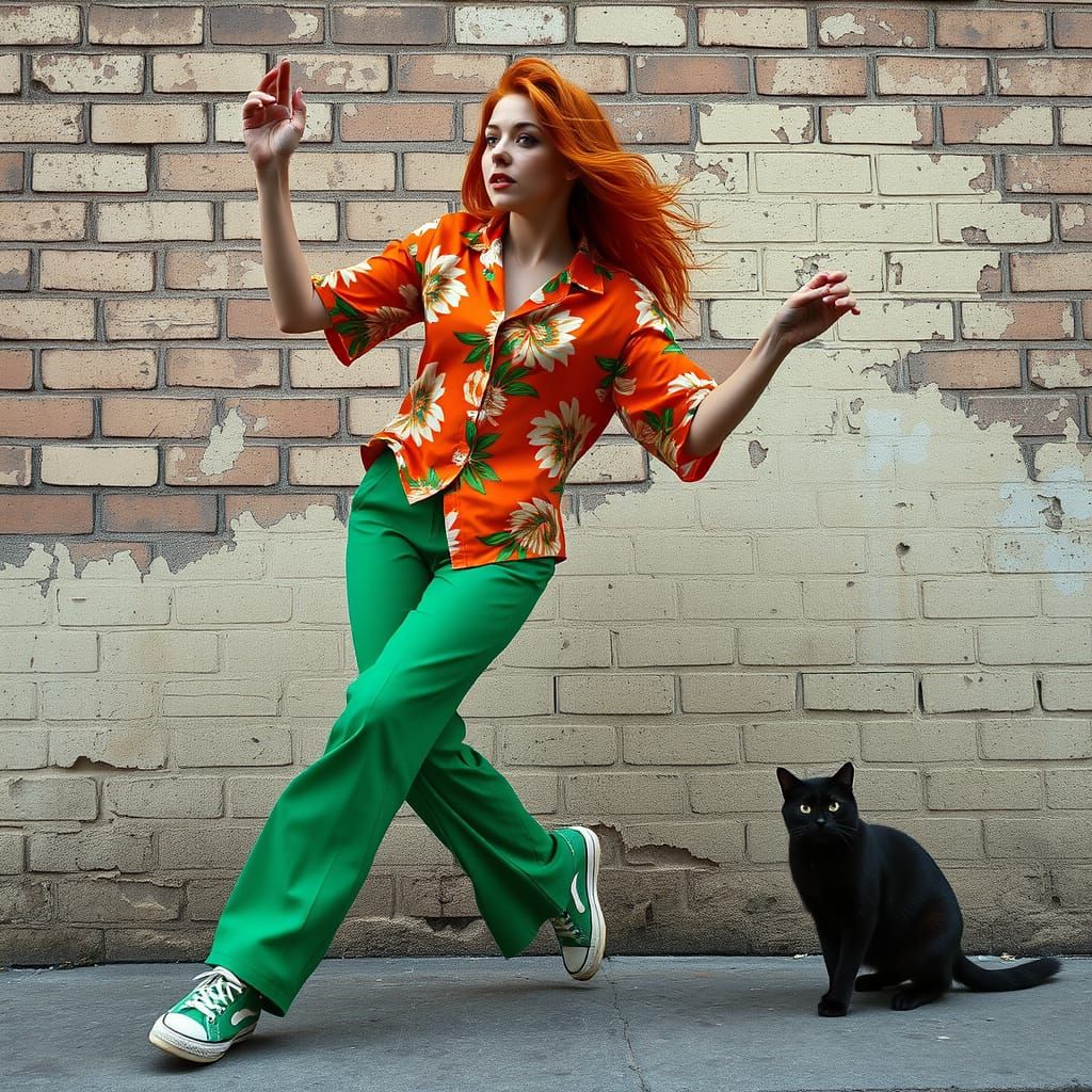 Energetic Dancer Watched by Cat in Surreal Street Scene