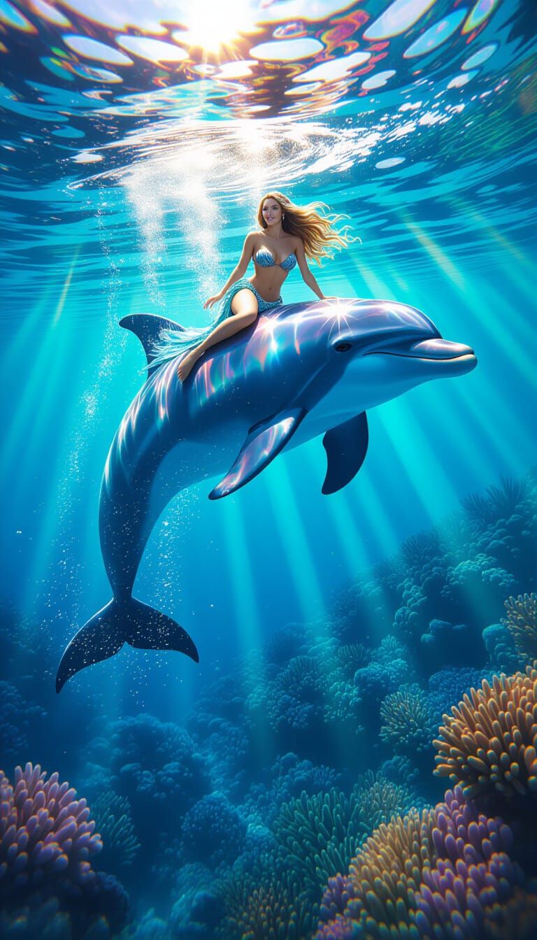 Gemstone Dolphin and Mermaid in Hyperrealistic Fantasy Art