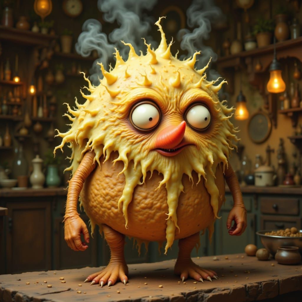 Whimsical Cottage Pie Creature in Warm Kitchen Light