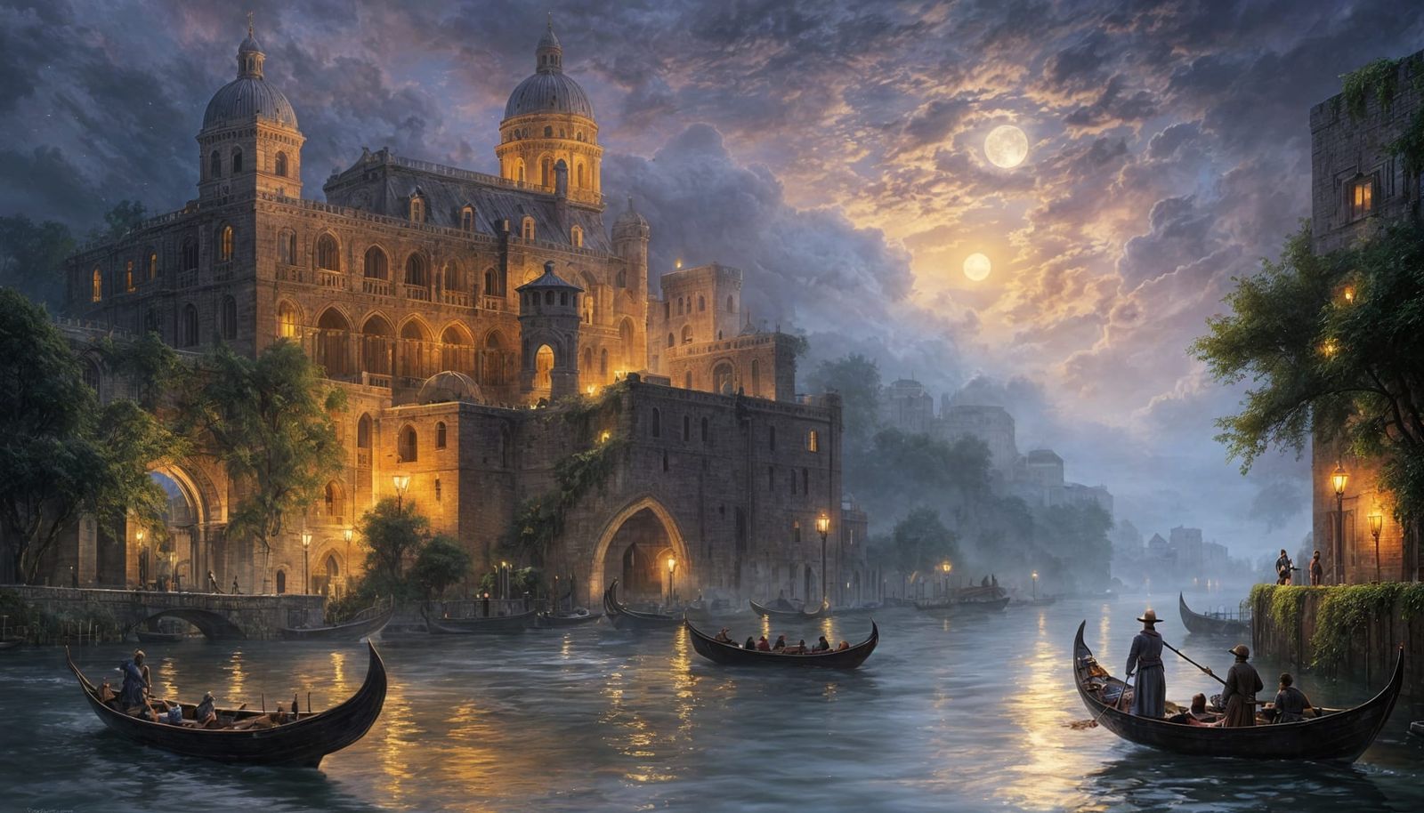 Twilight Canal City with Golden Harbor