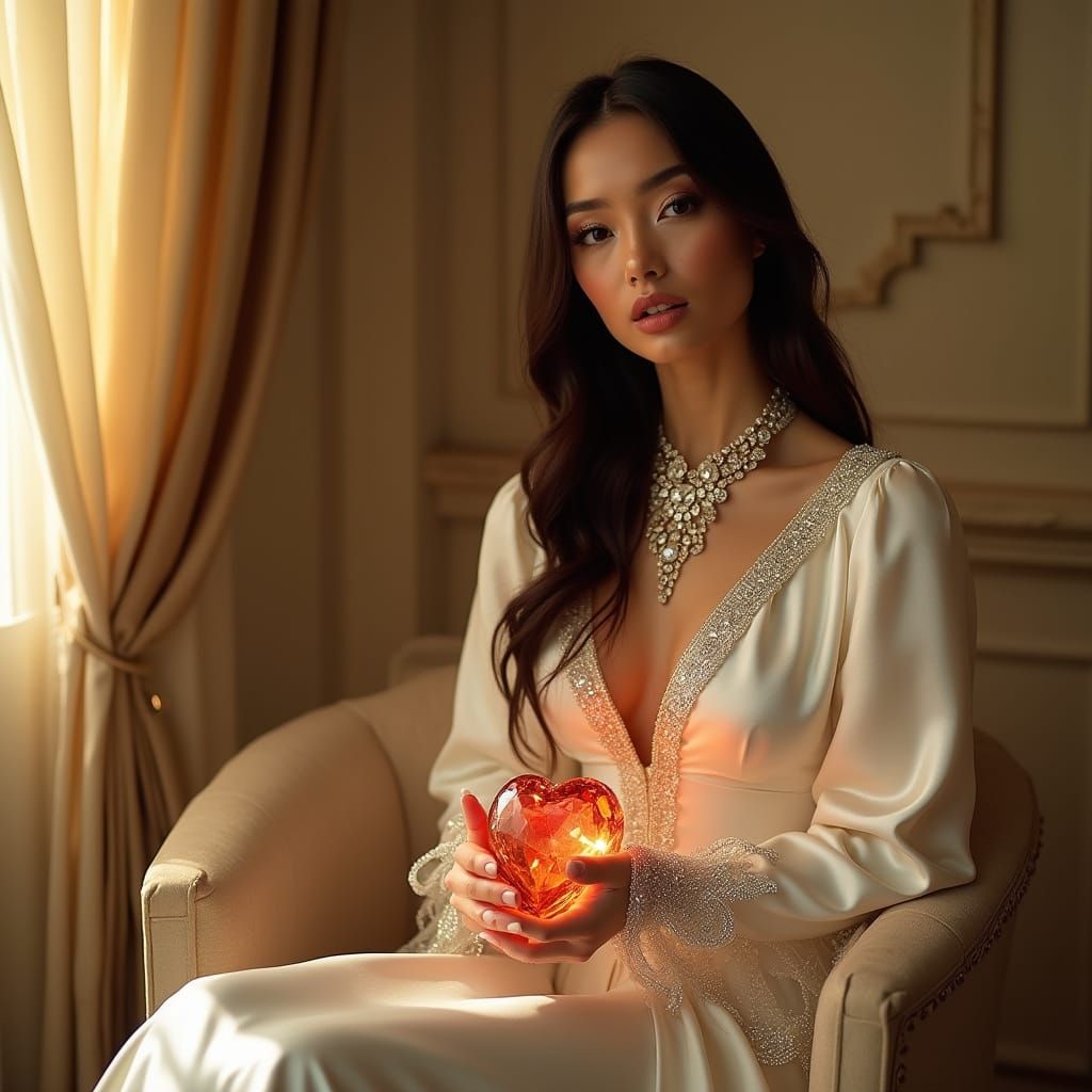 Hyper-Realistic Portrait of Elegant Woman in Softly Lit Room