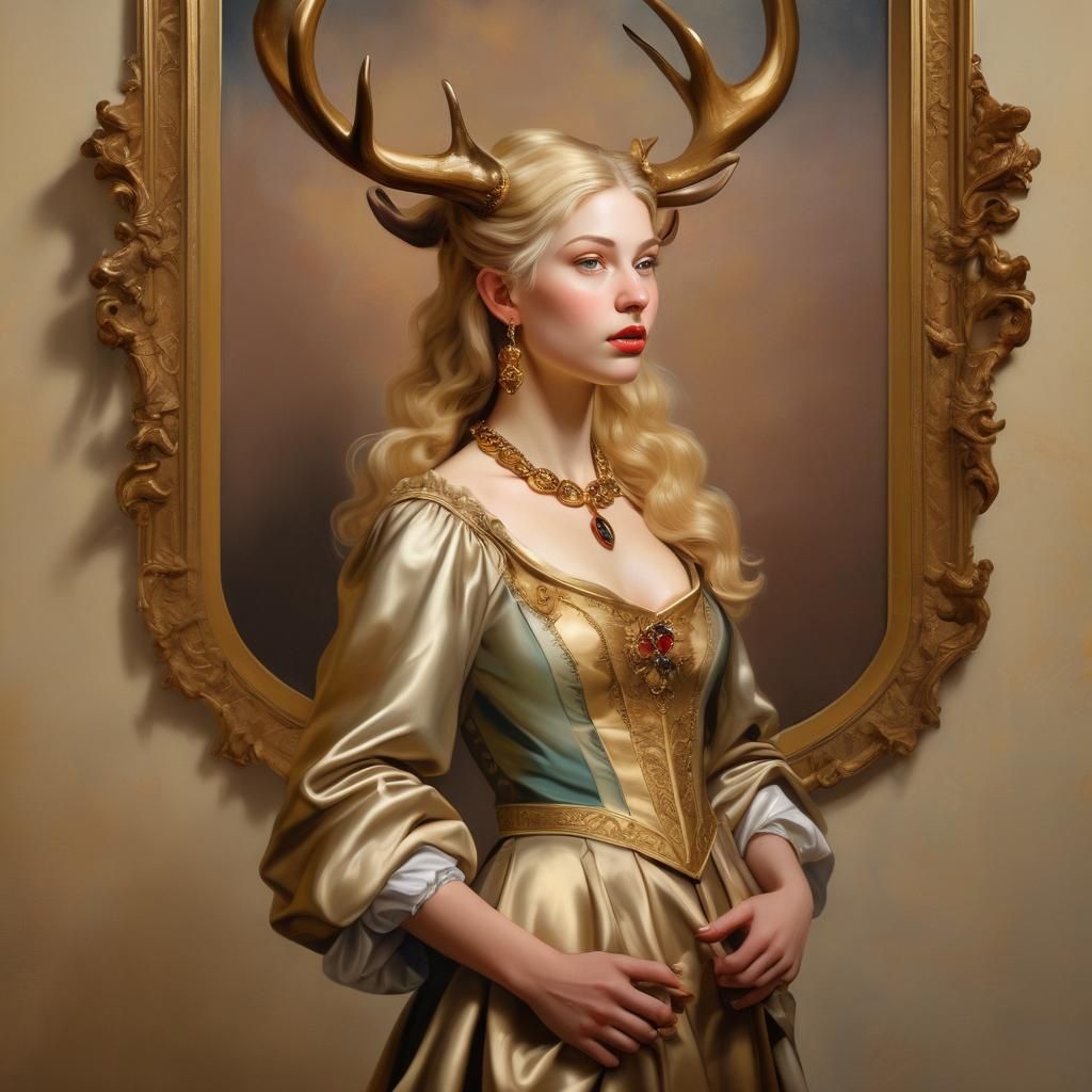 Baroque Portrait of Woman with Antlers in Oil