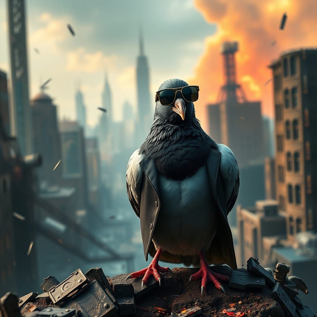 Neo-Inspired Pigeon Hero in Cyberpunk City