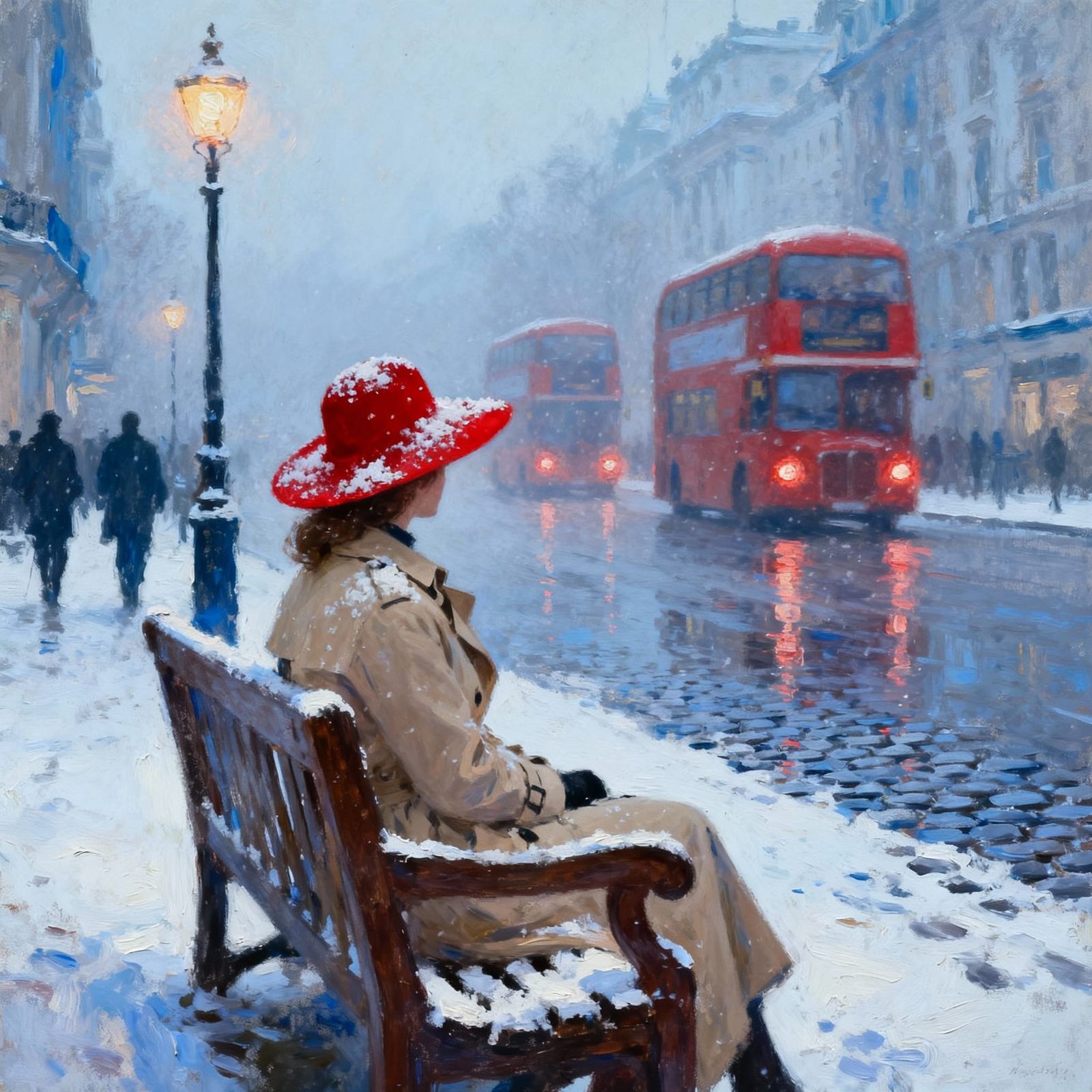 Snowy London Street Scene in Impressionist Style