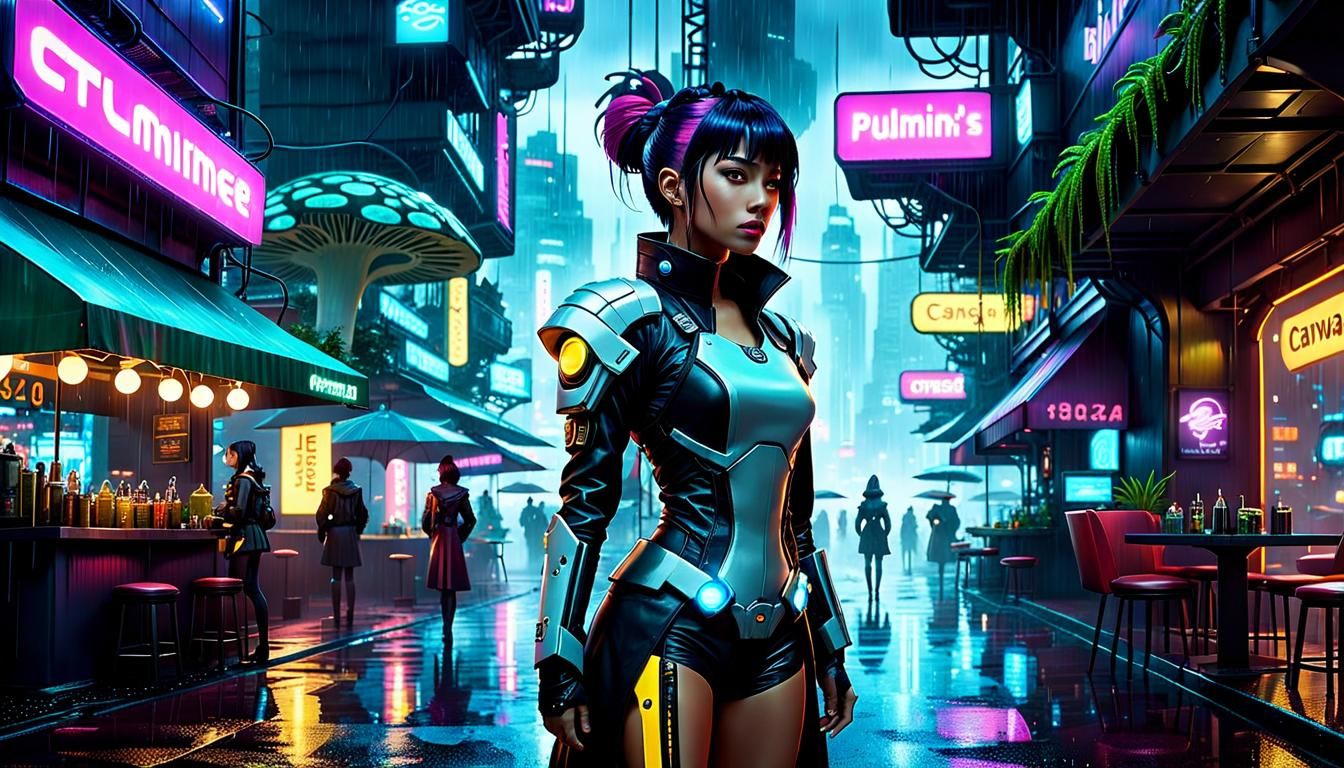 Cyberpunk Cityscape with Bioluminescent Fungi