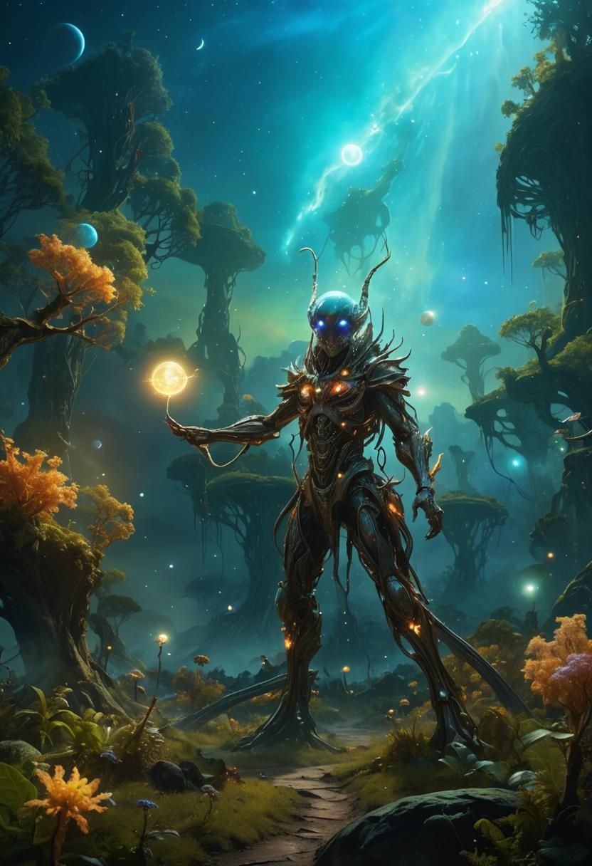 Glowing Alien in Surreal Bioluminescent Landscape