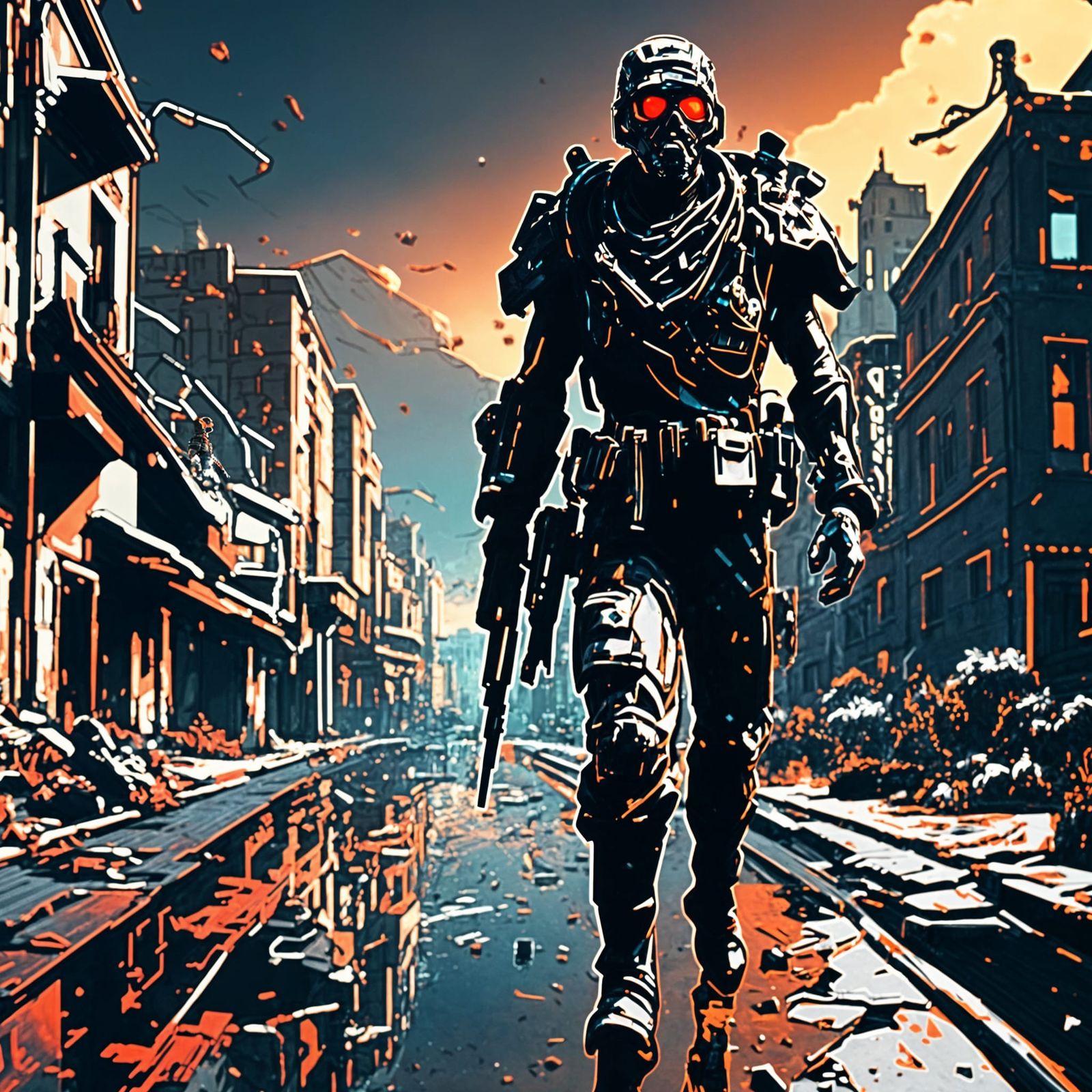 Futuristic Soldier in Post-Apocalyptic Cityscape