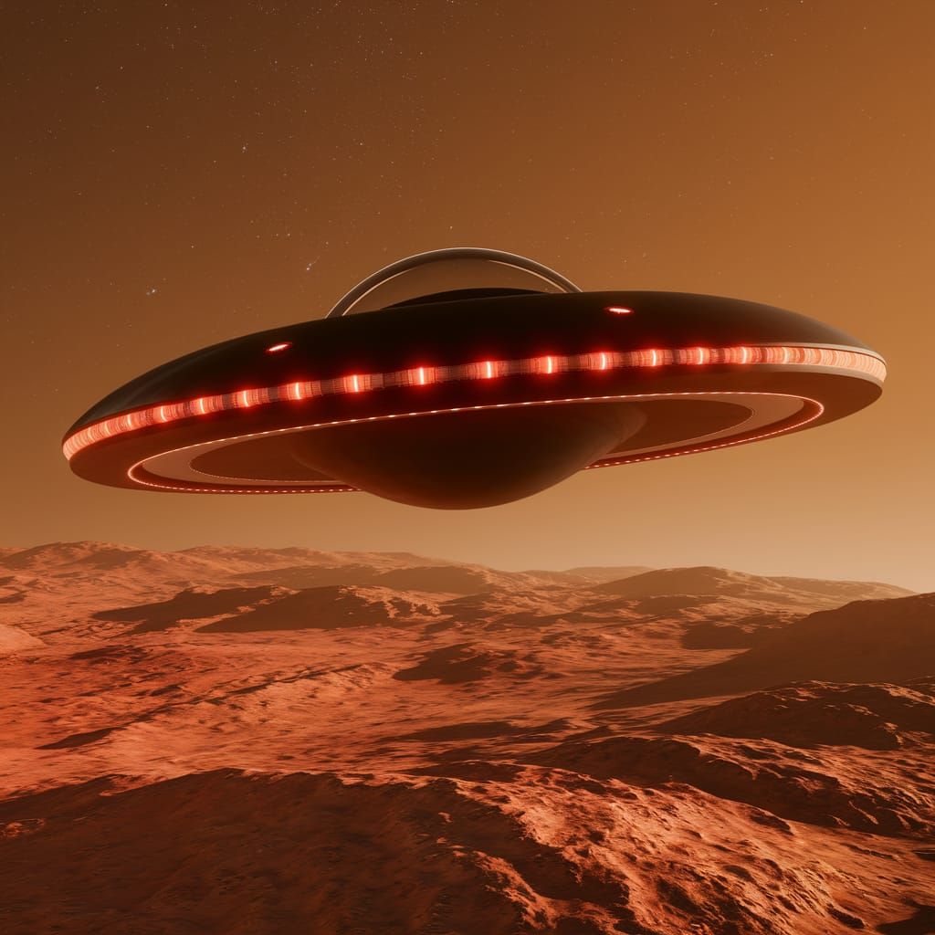 Black UFO in Futuristic Design Soars Over Mars at Night