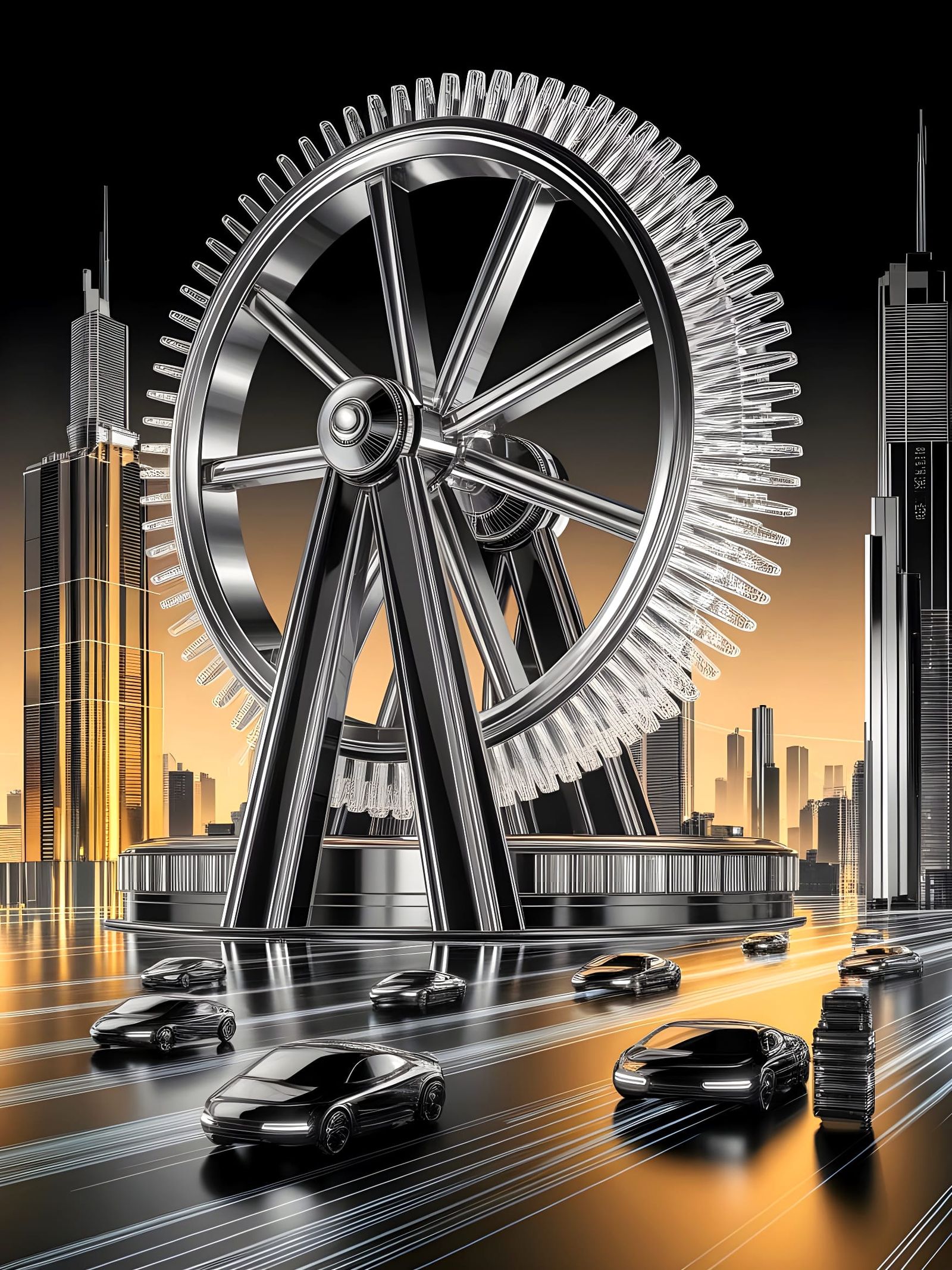 Sleek Retrofuturistic Waterwheel Dominates Metropolis Skylin...