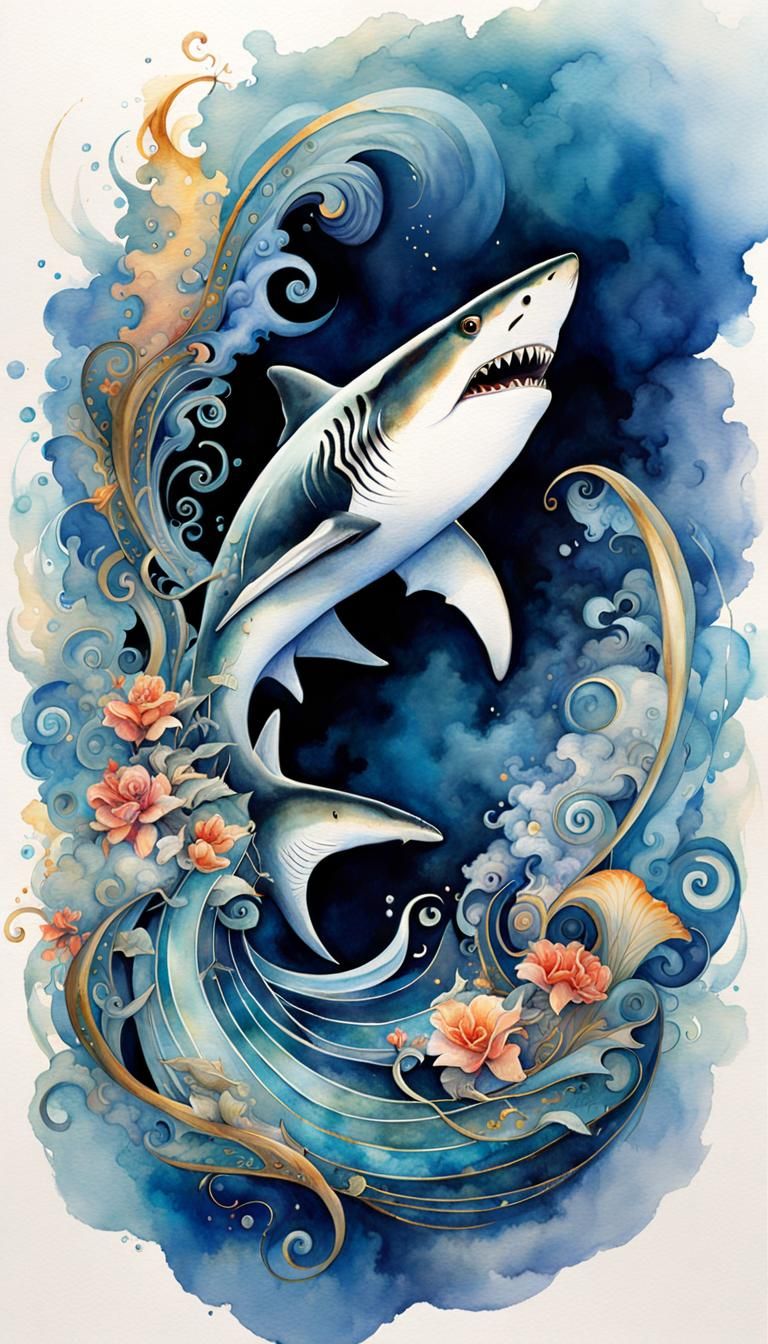Smoky Shark in Art Deco Watercolor Style