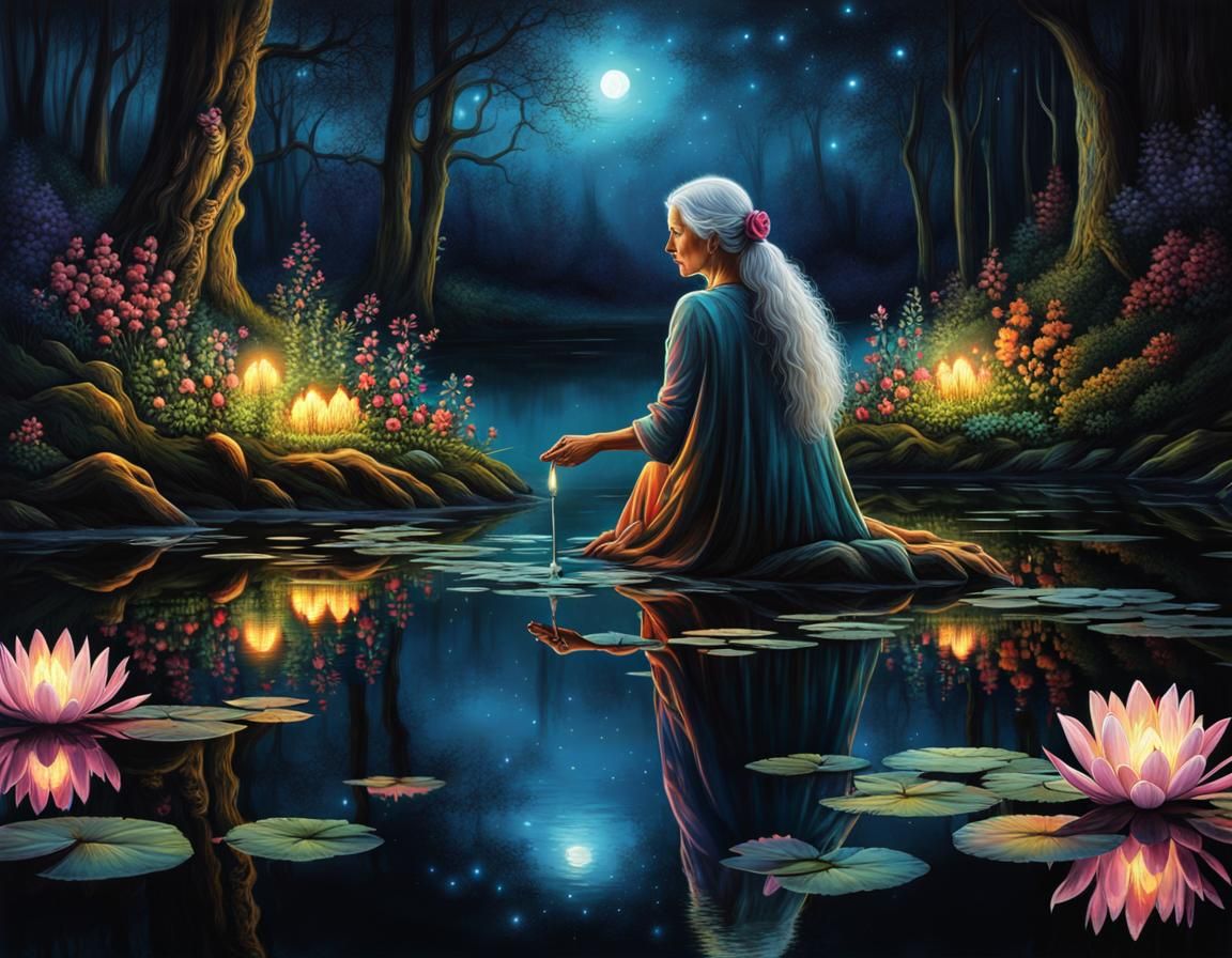 Surreal Lake Reflection: Old Woman, Young Beauty