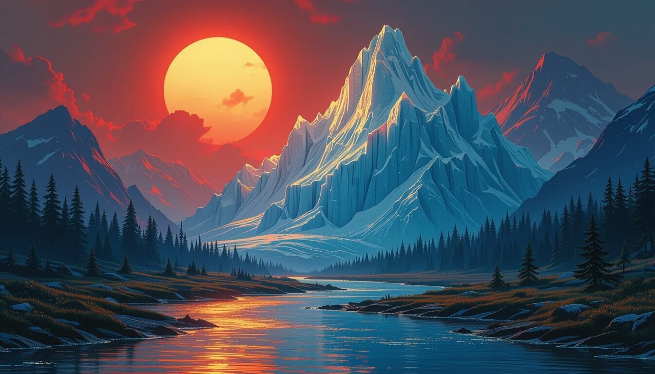 Crystalline Ice Mountain Under Red Sun, Romantic Style