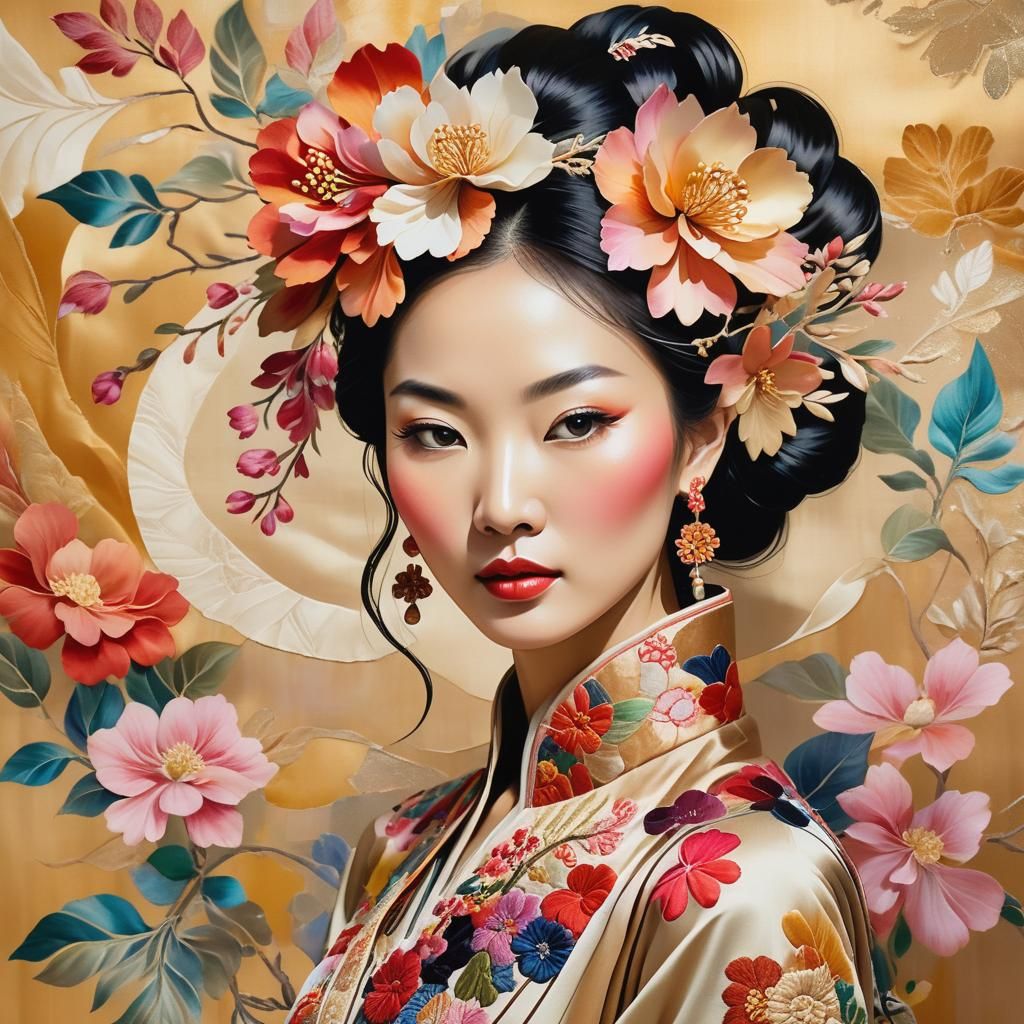 Floral Collage Art of Asian Woman Portrait