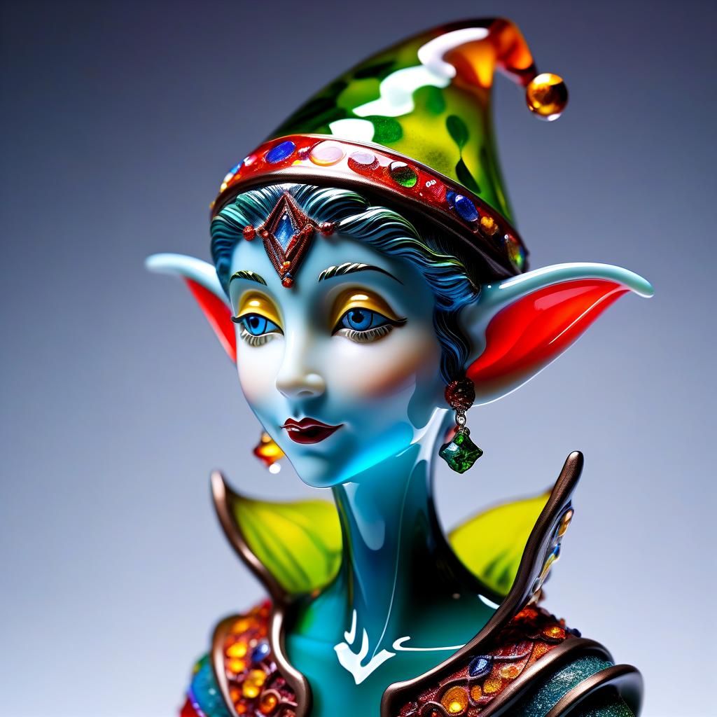 Glass Sculpture of Whimsical Elf Maiden in Vibrant Enamel