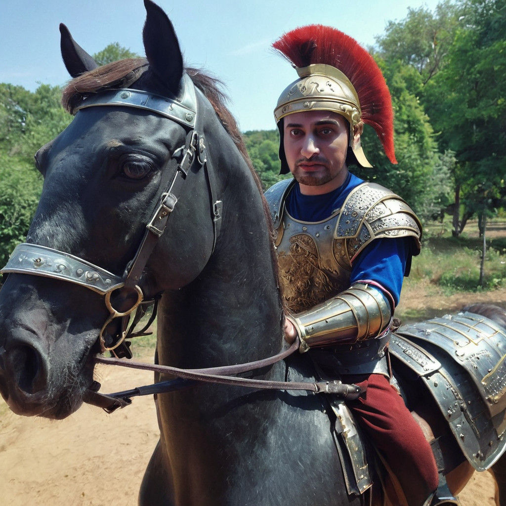 Young Roman Warrior Rides Horse in Ancient Armor
