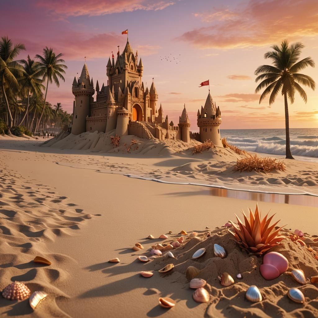 Beach Sand Castle at Sunset in Digital Art